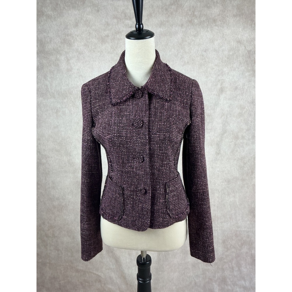 Ann Taylor Tweed Jacket Plum Tweed‎ Purple Button Front Collared Career Blazer